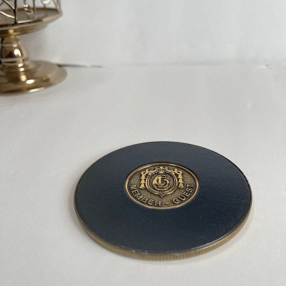 Vintage member guest black and gold leather coaster